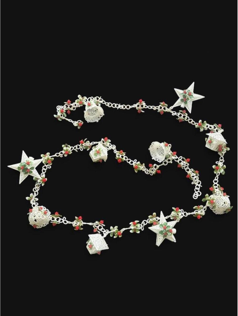 Vintage White Christmas garland berries green holly leaves stars bells lanterns